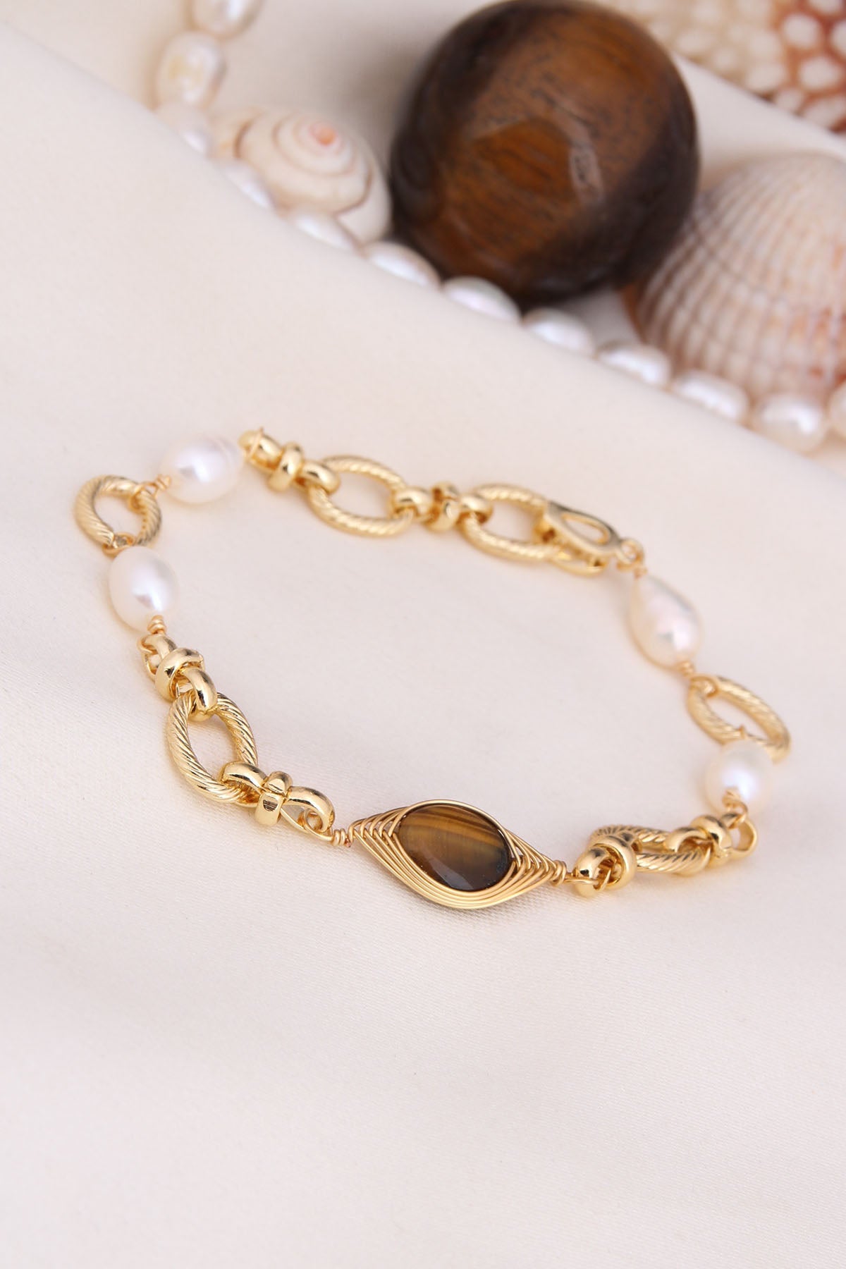 Pearl & Tiger Eyes Bracelet Image principale du produit