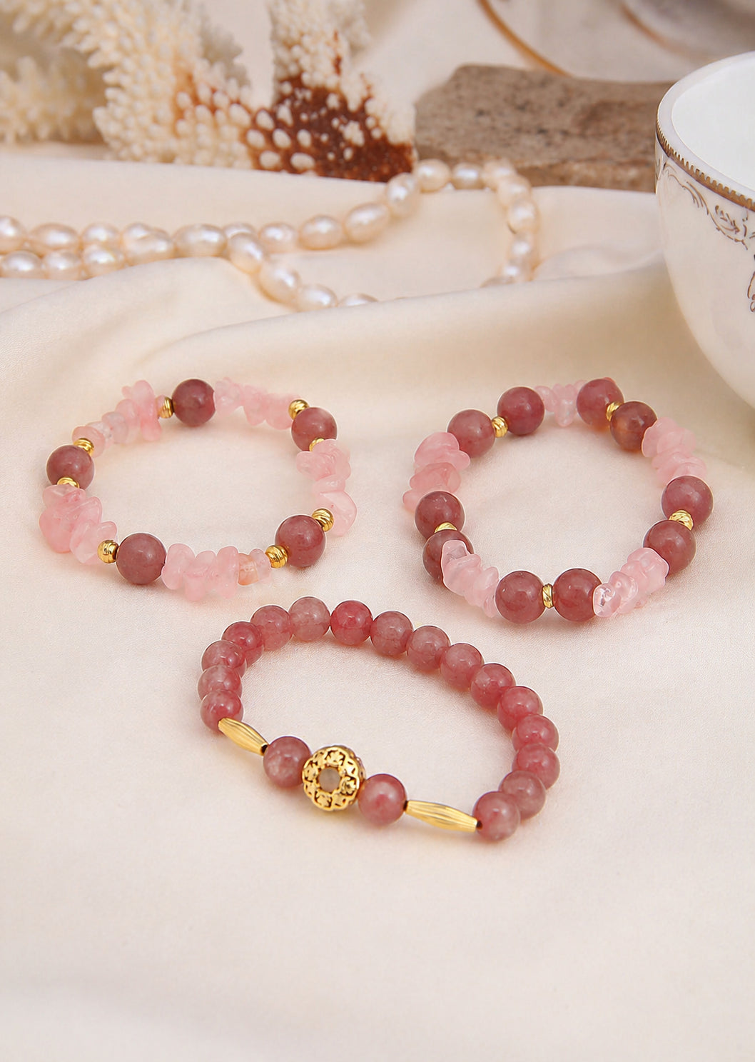 Sun Stone & Strawberry Quartz Bracelet