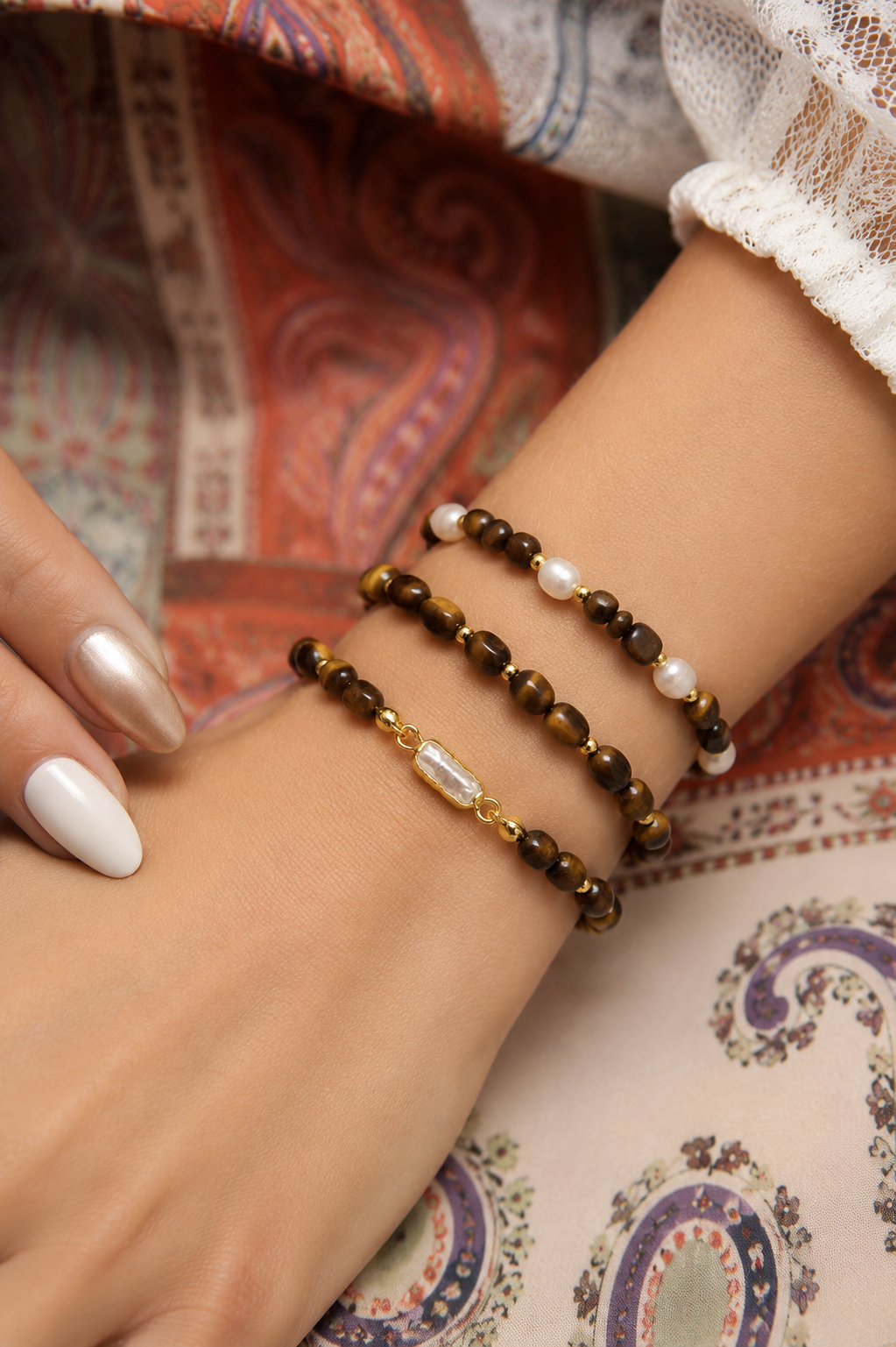 Tiger Eyes & Pearl Bracelet