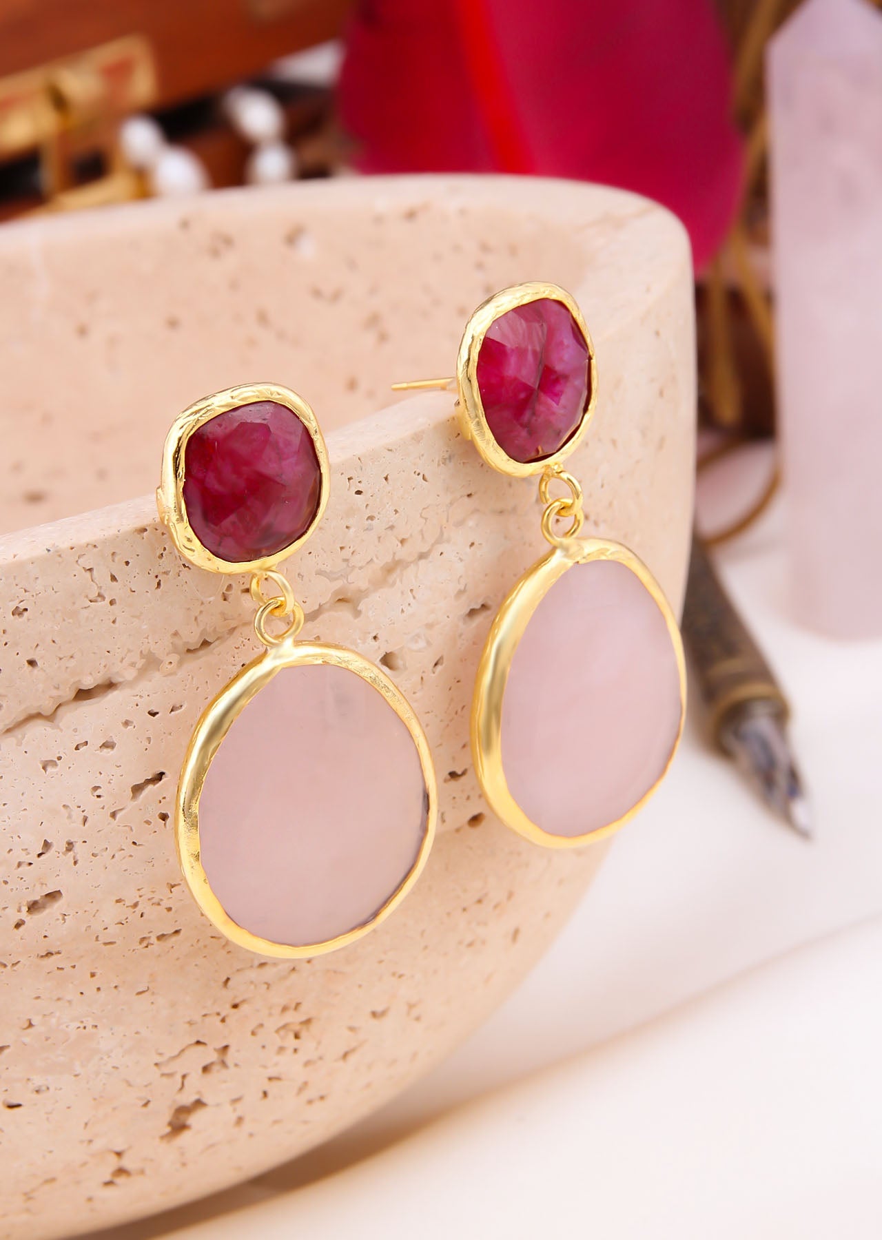 Agate & Pink Quartz Boucles d'oreilles