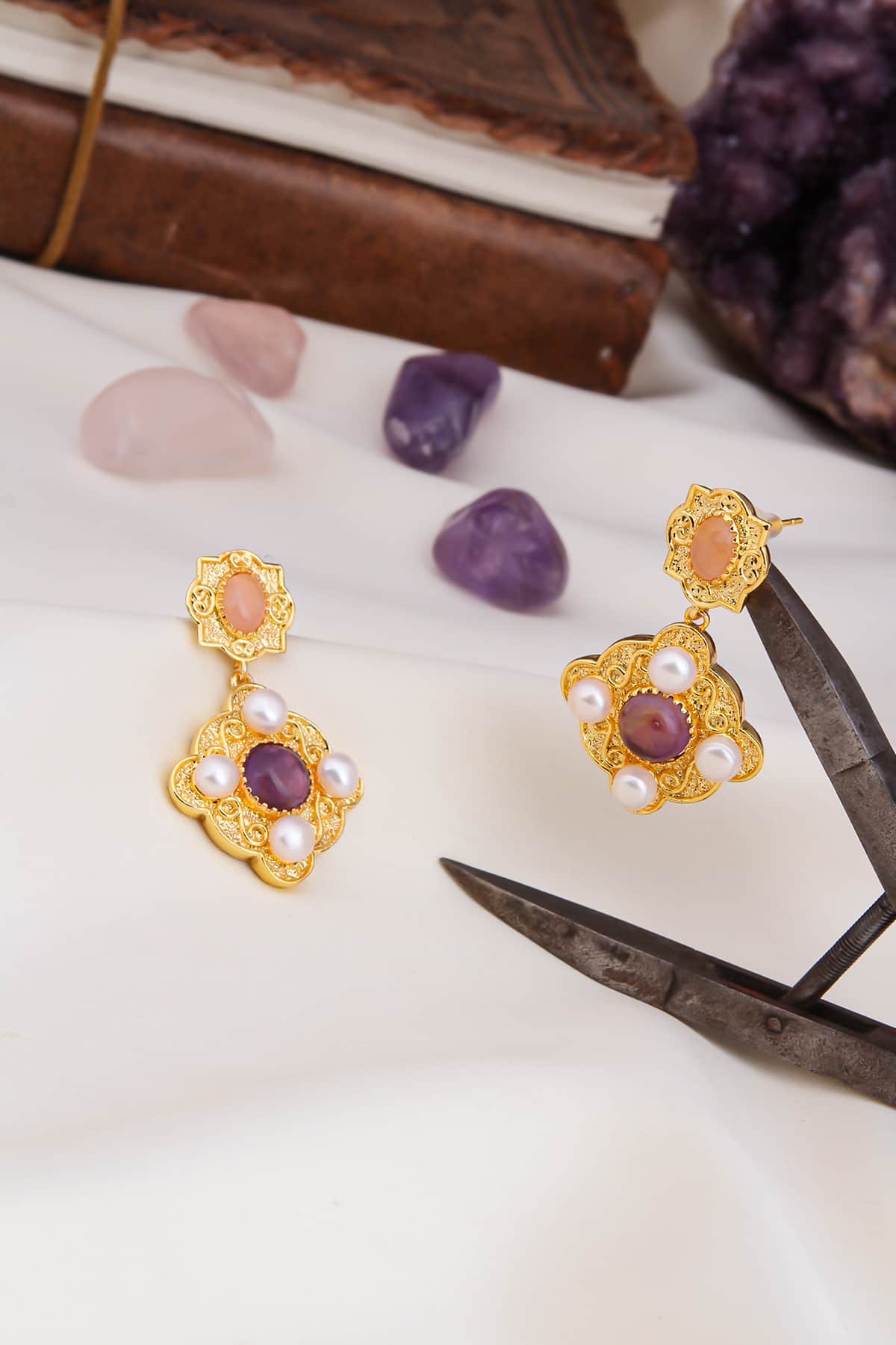 Pink Quartz & Amethyst Earring