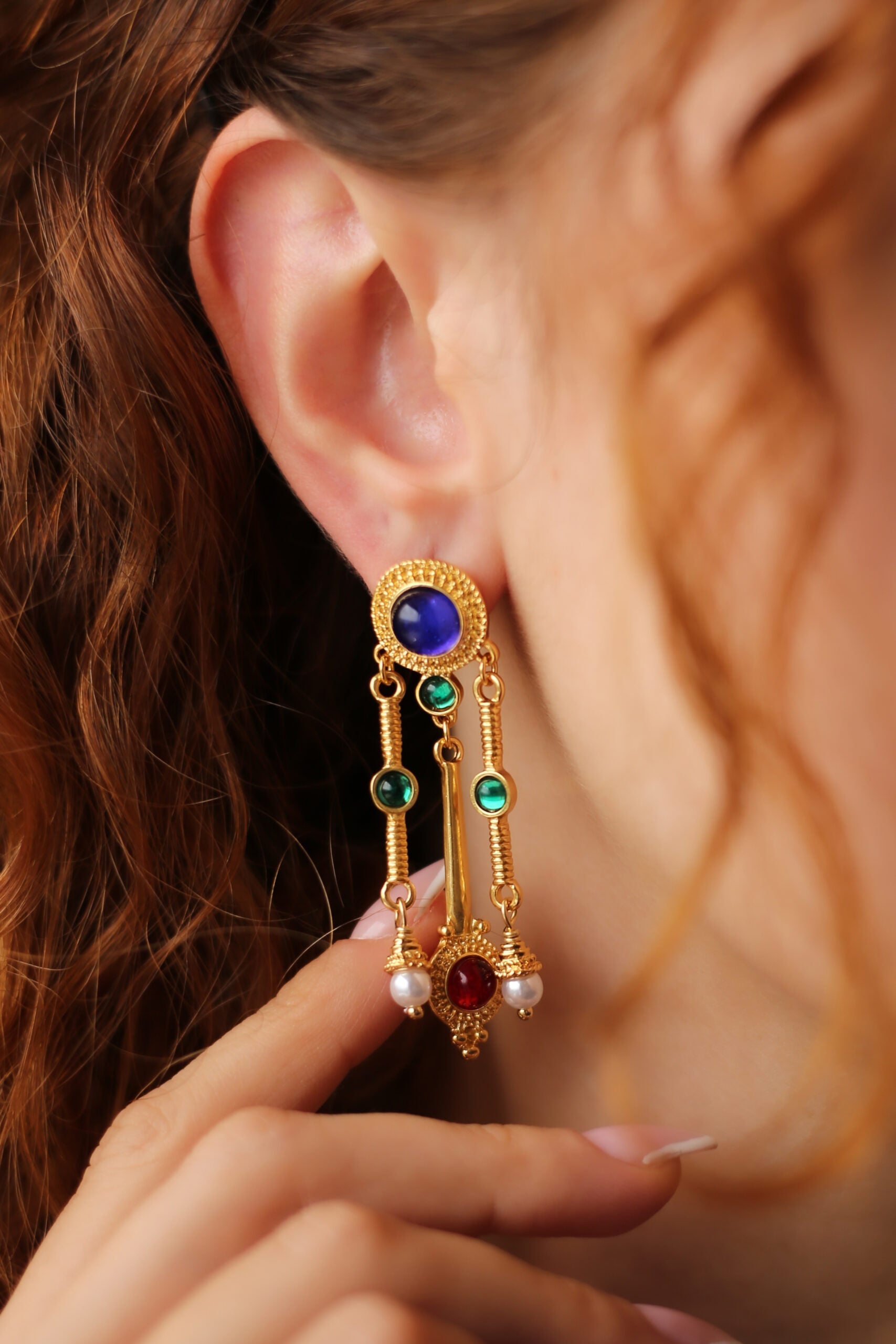Lapis & Malahite & Pearl Boucles d'oreilles