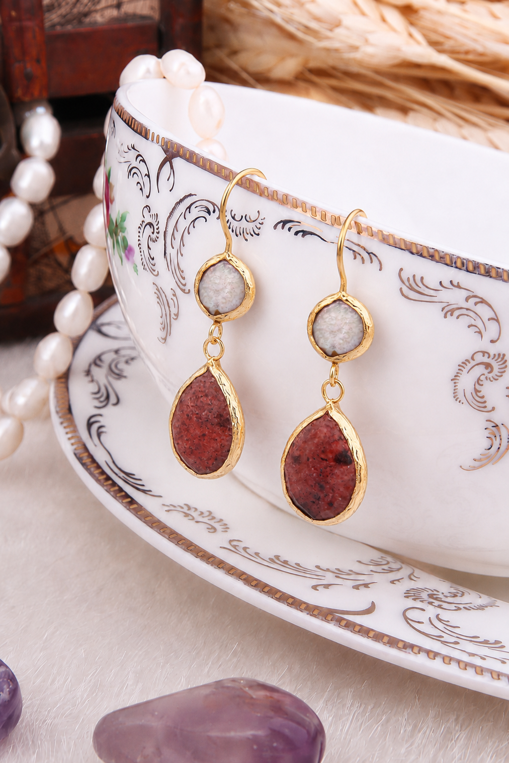 Strawberry Quartz & Pearl Earring Image secondaire du produit