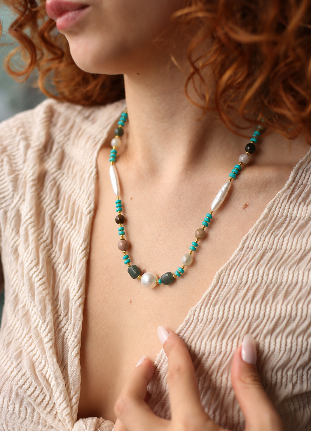 Agate & Pearl & Turquoise Necklace Secondary image