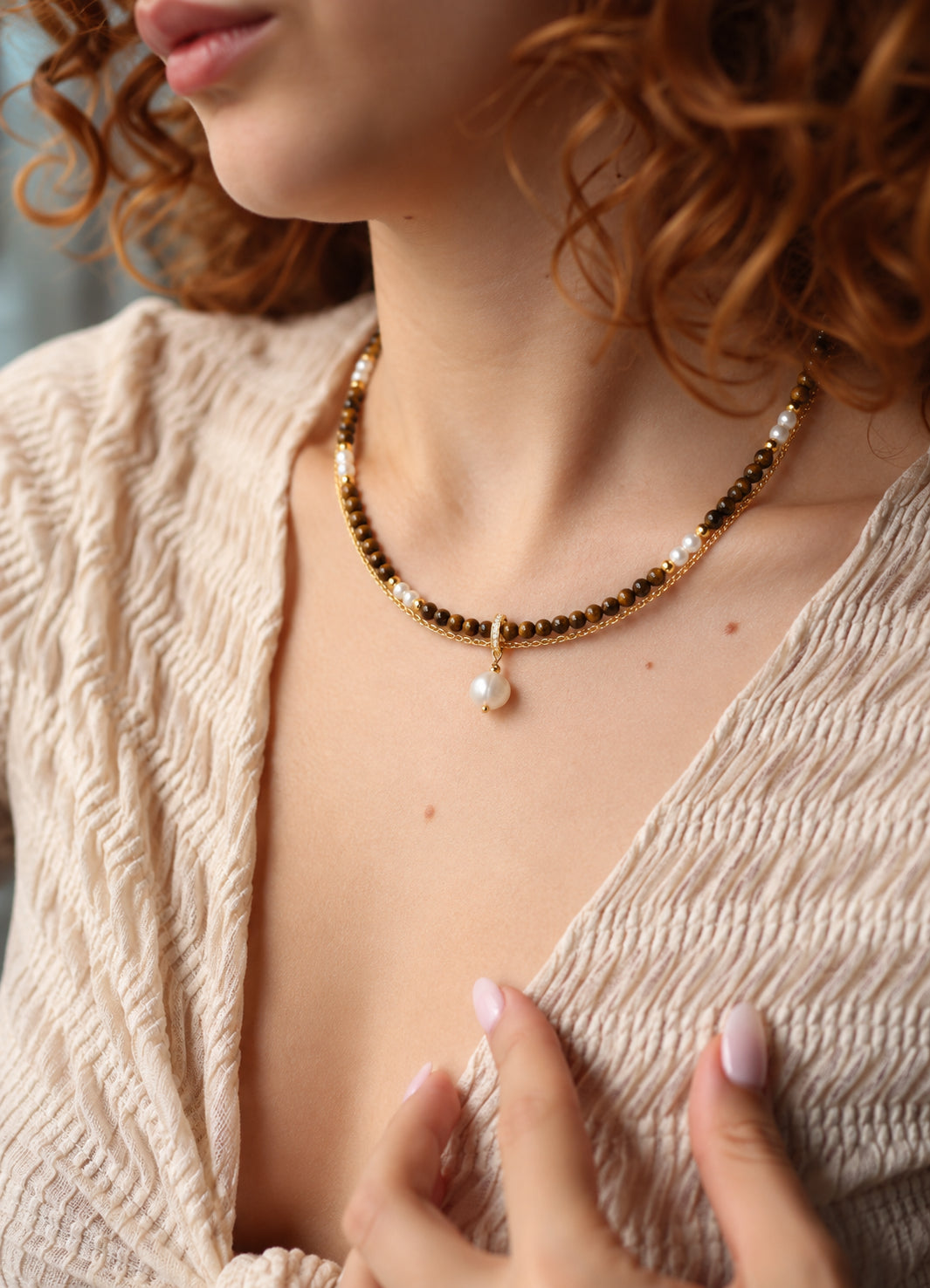 Tiger Eyes & Pearl Necklace