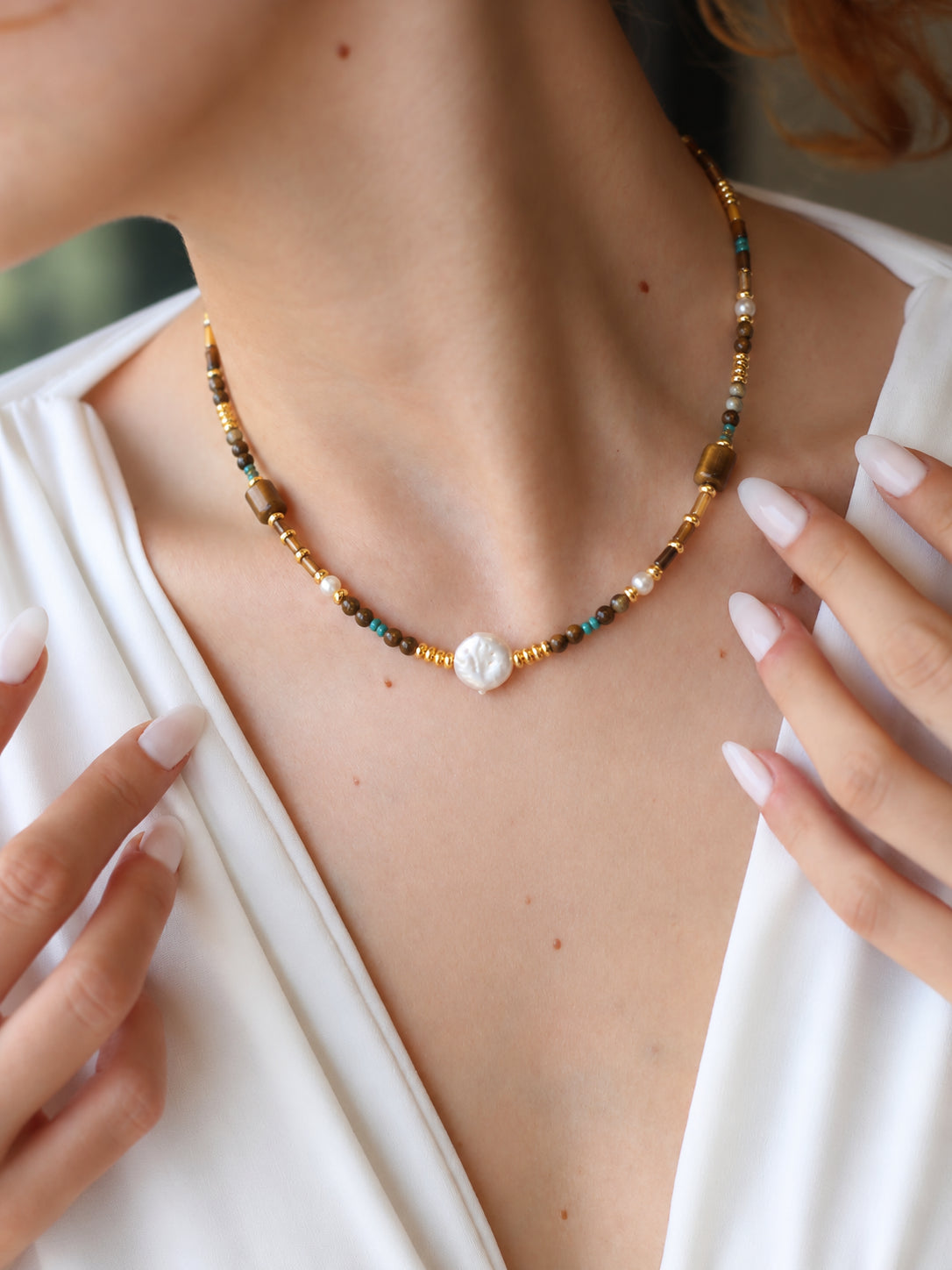Tiger Eyes & Pearl & Turquoise Necklace