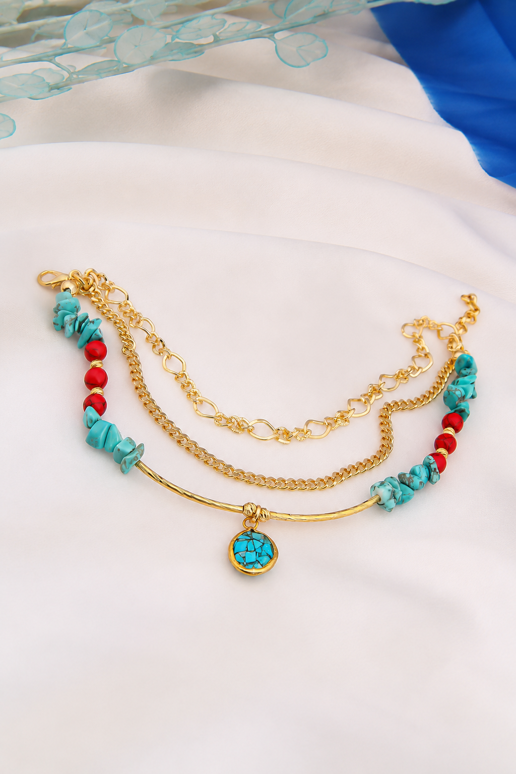 Turquoise & Coral Anklet Main image