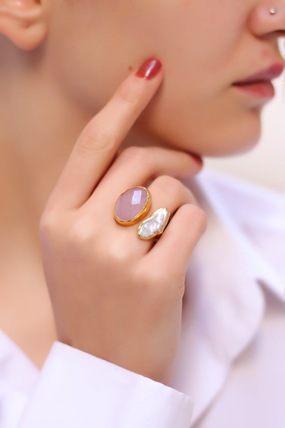 Pink Quartz & Pearl Ring Secondary image
