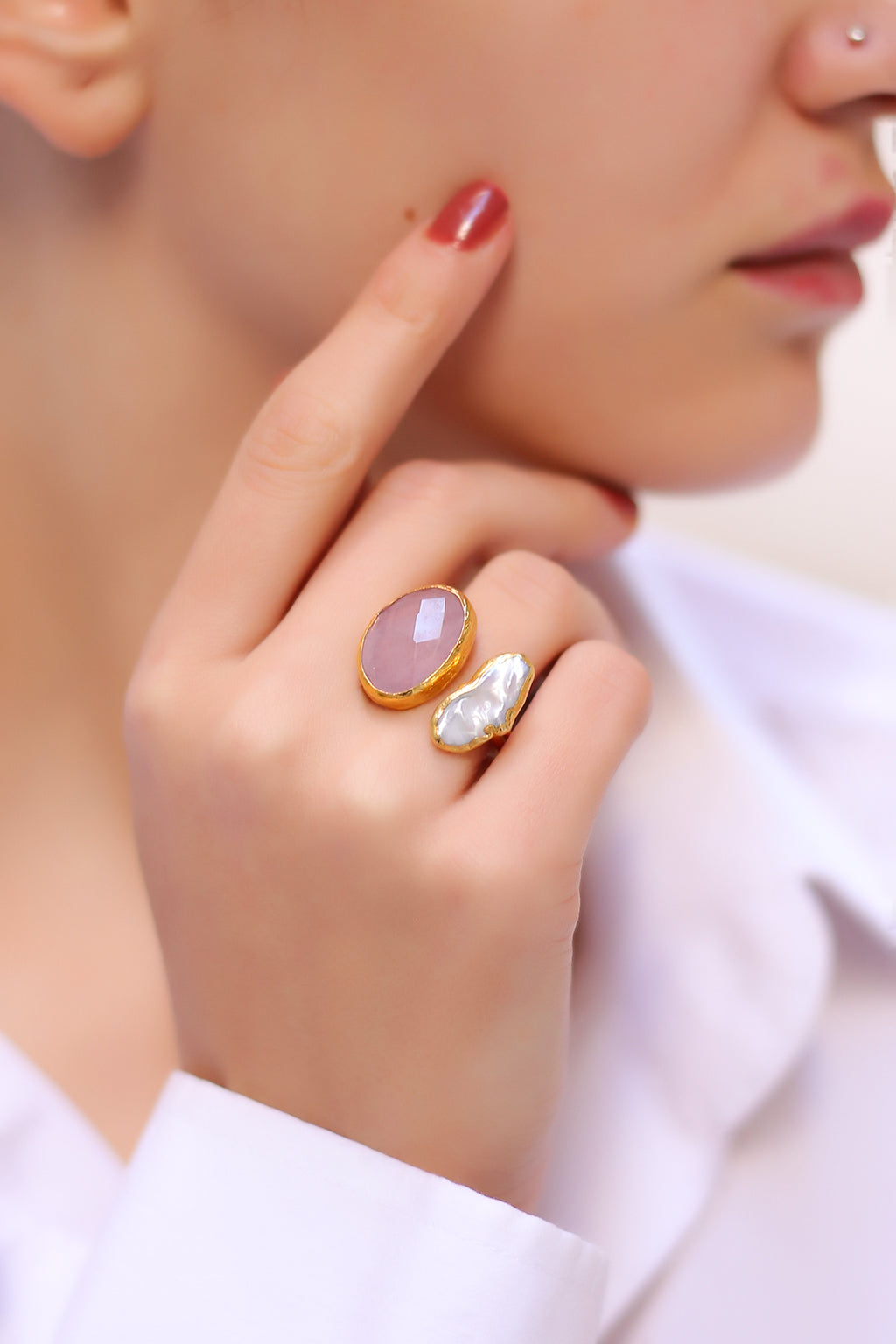 Pink Quartz & Pearl Ring