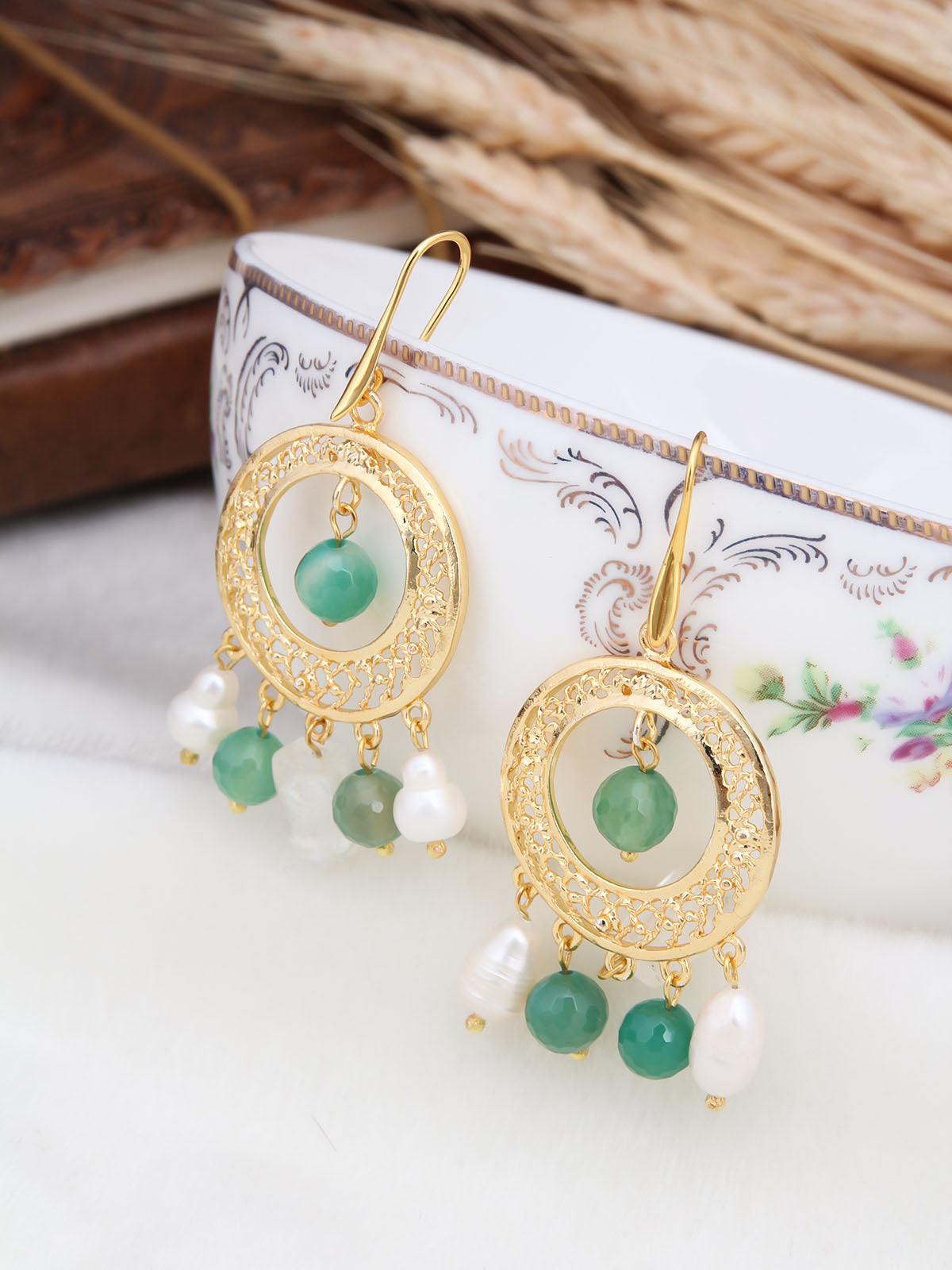 Green Quartz & Pearl Boucle d'oreilles Main image